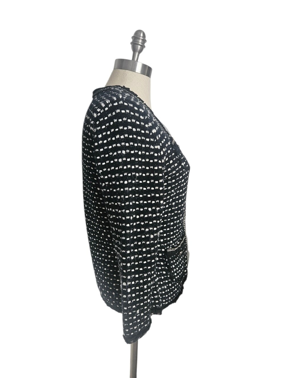 WHITE HOUSE BLACK MARKET Tweed Chain-Trim Cardigan Jacket Black & White | SZ M - Picture 4 of 13
